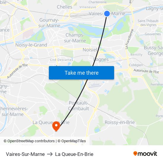 Vaires-Sur-Marne to La Queue-En-Brie map