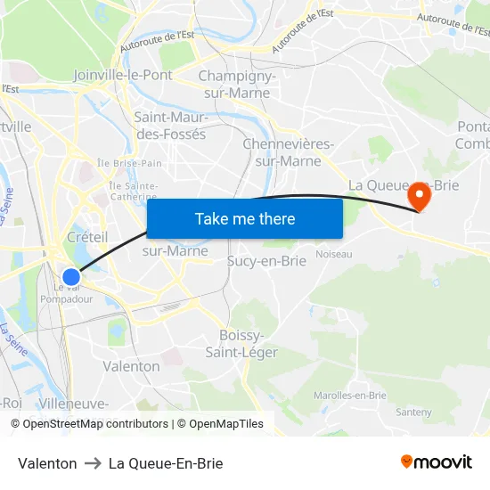 Valenton to La Queue-En-Brie map