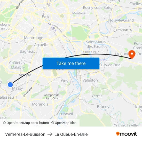 Verrieres-Le-Buisson to La Queue-En-Brie map