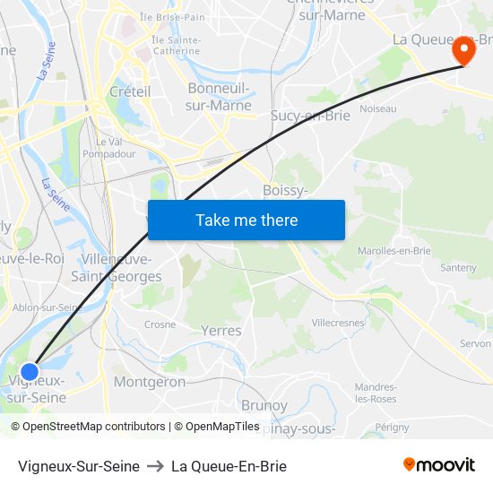 Vigneux-Sur-Seine to La Queue-En-Brie map