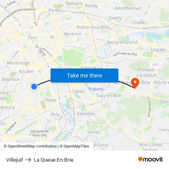 Villejuif to La Queue-En-Brie map