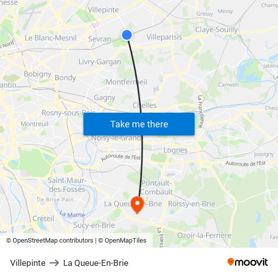 Villepinte to La Queue-En-Brie map