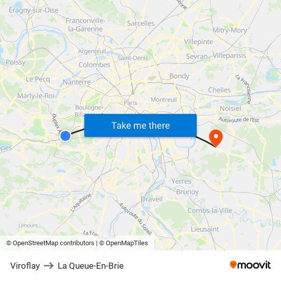 Viroflay to La Queue-En-Brie map