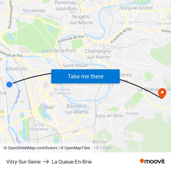 Vitry-Sur-Seine to La Queue-En-Brie map