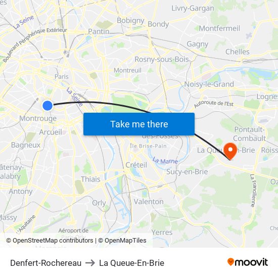Denfert-Rochereau to La Queue-En-Brie map