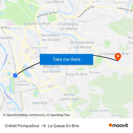 Créteil Pompadour to La Queue-En-Brie map