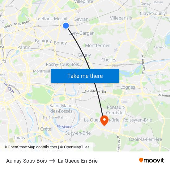 Aulnay-Sous-Bois to La Queue-En-Brie map