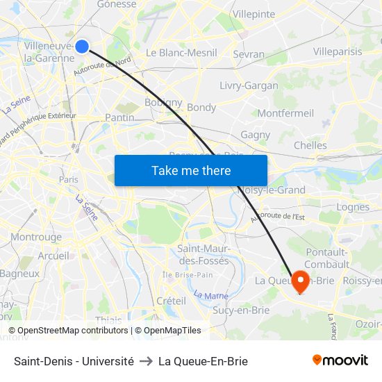 Saint-Denis - Université to La Queue-En-Brie map