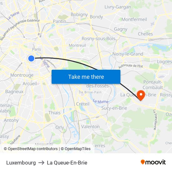 Luxembourg to La Queue-En-Brie map