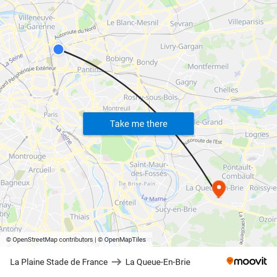 La Plaine Stade de France to La Queue-En-Brie map