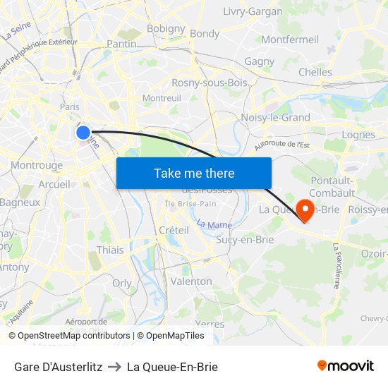 Gare D'Austerlitz to La Queue-En-Brie map