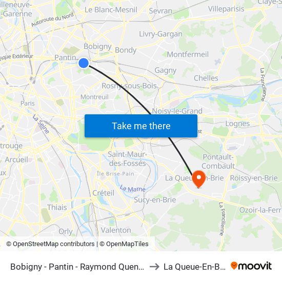 Bobigny - Pantin - Raymond Queneau to La Queue-En-Brie map