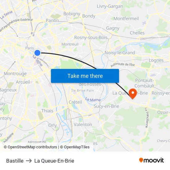 Bastille to La Queue-En-Brie map