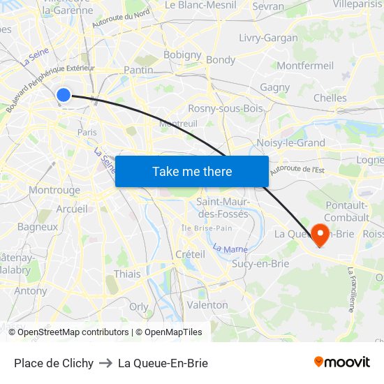 Place de Clichy to La Queue-En-Brie map