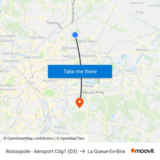 Roissypole - Aéroport Cdg1 (D3) to La Queue-En-Brie map