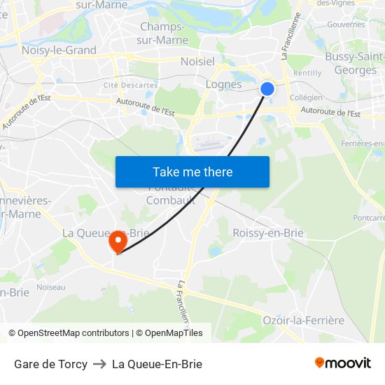 Gare de Torcy to La Queue-En-Brie map