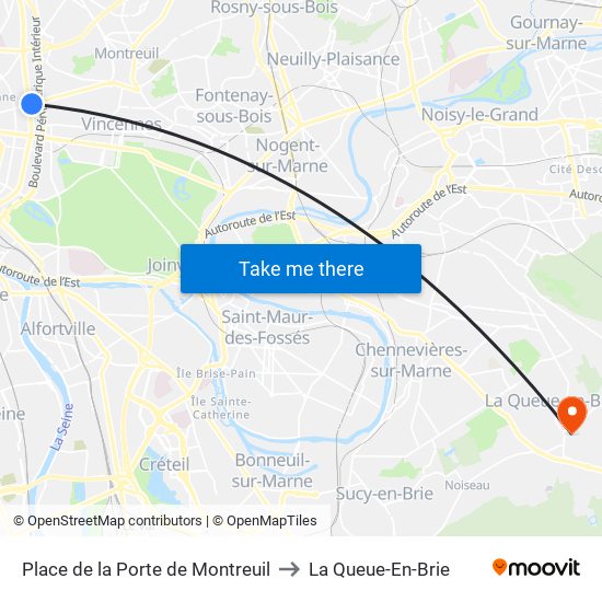 Place de la Porte de Montreuil to La Queue-En-Brie map