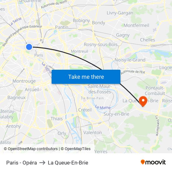 Paris - Opéra to La Queue-En-Brie map