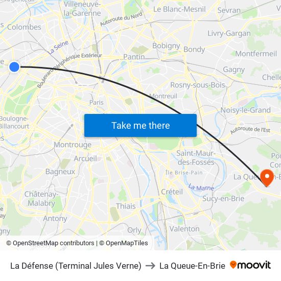 La Défense (Terminal Jules Verne) to La Queue-En-Brie map