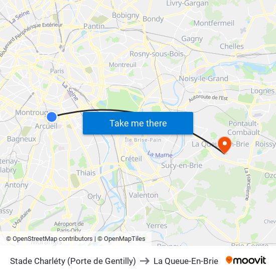 Stade Charléty (Porte de Gentilly) to La Queue-En-Brie map