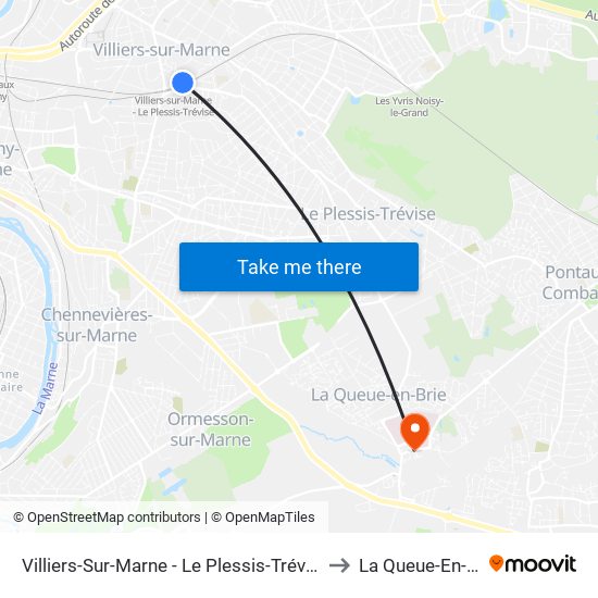 Villiers-Sur-Marne - Le Plessis-Trévise RER to La Queue-En-Brie map