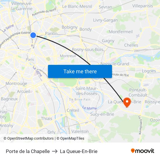Porte de la Chapelle to La Queue-En-Brie map