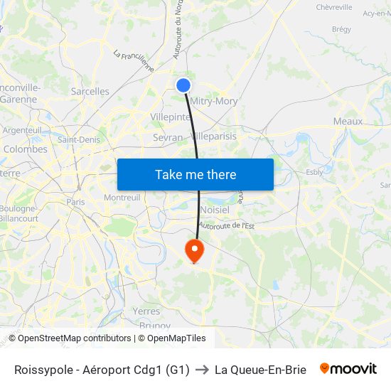 Roissypole - Aéroport Cdg1 (G1) to La Queue-En-Brie map