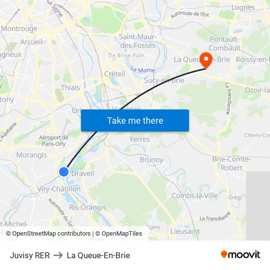 Juvisy RER to La Queue-En-Brie map