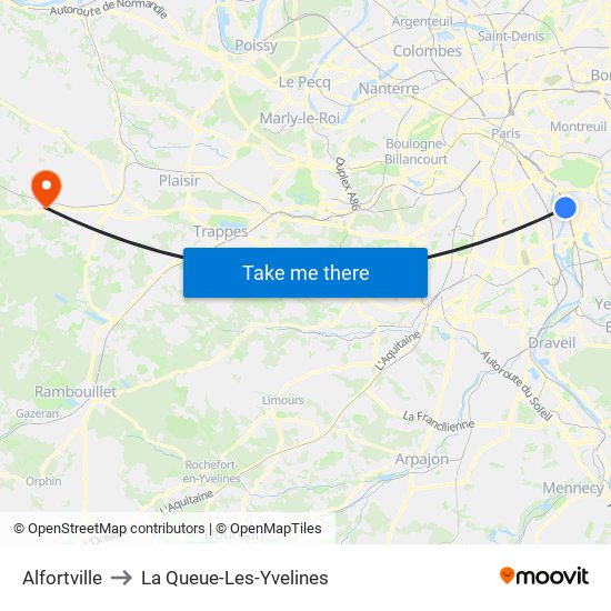 Alfortville to La Queue-Les-Yvelines map