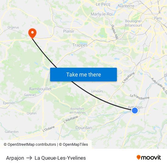 Arpajon to La Queue-Les-Yvelines map