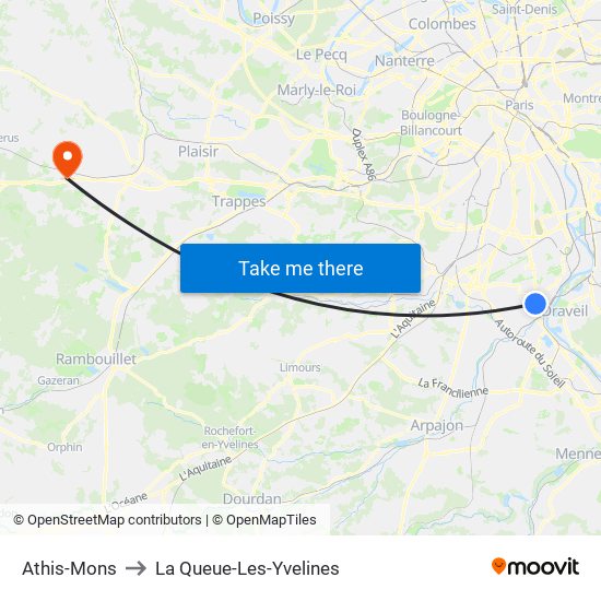 Athis-Mons to La Queue-Les-Yvelines map