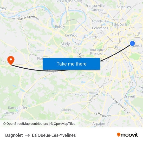 Bagnolet to La Queue-Les-Yvelines map