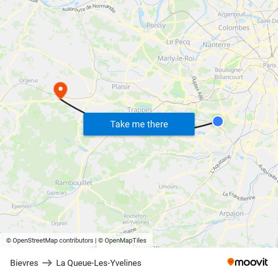 Bievres to La Queue-Les-Yvelines map