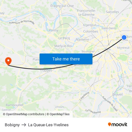 Bobigny to La Queue-Les-Yvelines map