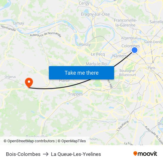 Bois-Colombes to La Queue-Les-Yvelines map