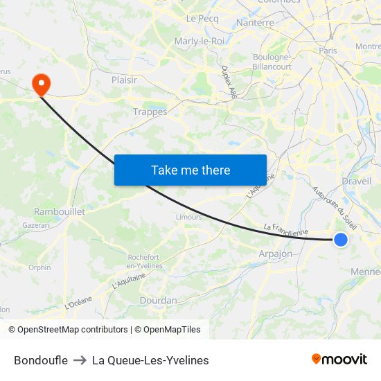 Bondoufle to La Queue-Les-Yvelines map