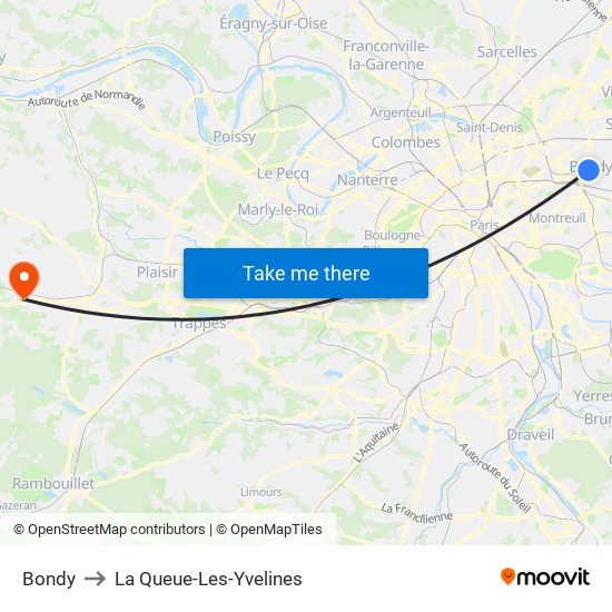 Bondy to La Queue-Les-Yvelines map