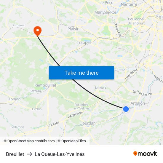 Breuillet to La Queue-Les-Yvelines map