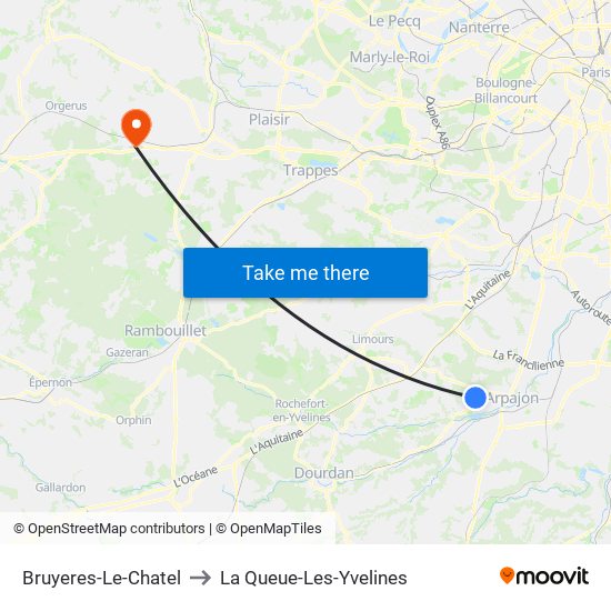 Bruyeres-Le-Chatel to La Queue-Les-Yvelines map