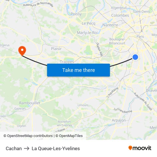 Cachan to La Queue-Les-Yvelines map