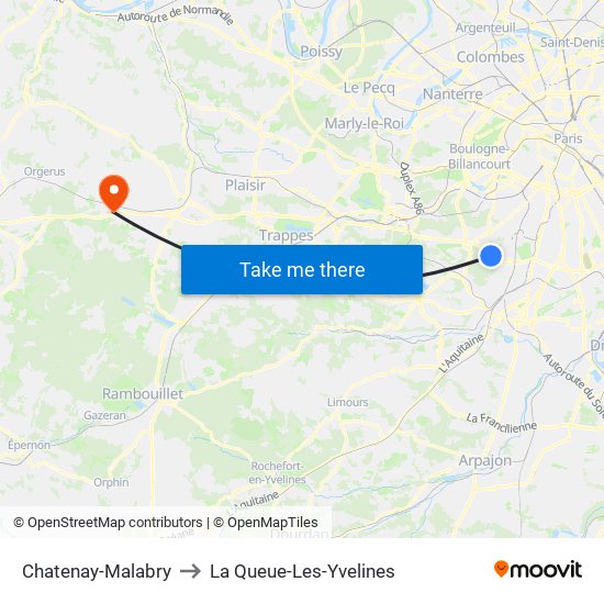 Chatenay-Malabry to La Queue-Les-Yvelines map