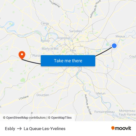 Esbly to La Queue-Les-Yvelines map