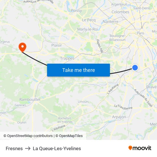 Fresnes to La Queue-Les-Yvelines map