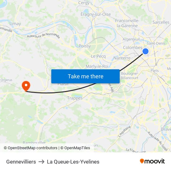 Gennevilliers to La Queue-Les-Yvelines map