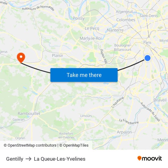 Gentilly to La Queue-Les-Yvelines map