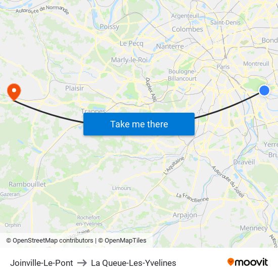 Joinville-Le-Pont to La Queue-Les-Yvelines map