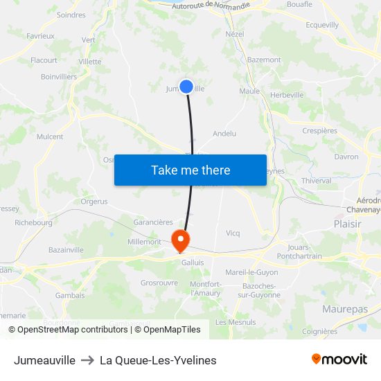 Jumeauville to La Queue-Les-Yvelines map