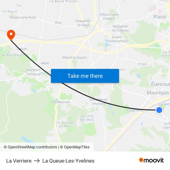 La Verriere to La Queue-Les-Yvelines map