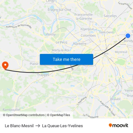 Le Blanc-Mesnil to La Queue-Les-Yvelines map