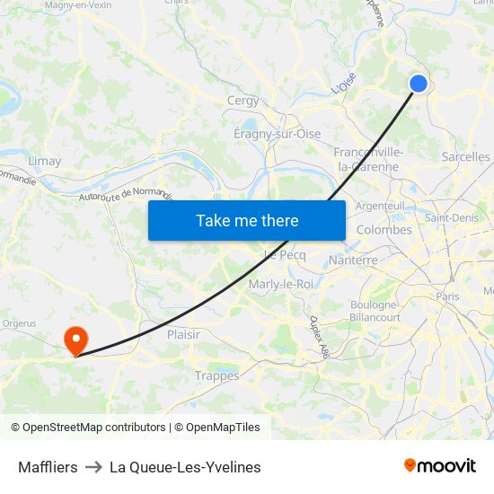 Maffliers to La Queue-Les-Yvelines map